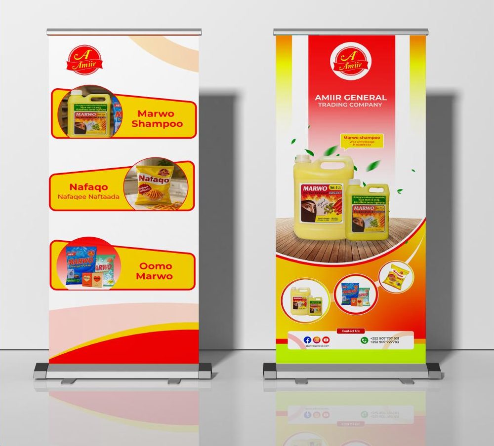 Two printed roll-up stand banners designed for Amiir Group General Trading