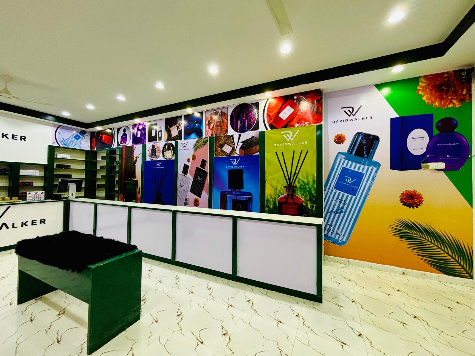 Printed product display panels and branded shelving in the David Walker perfume store