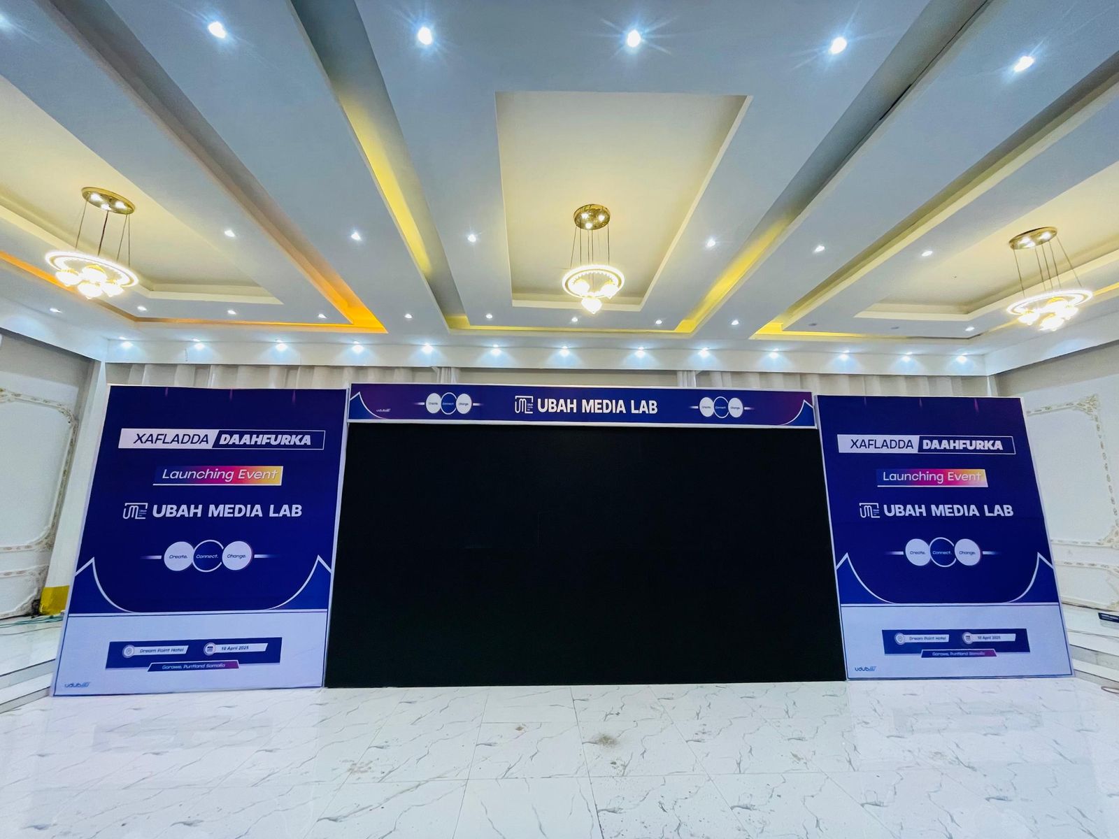 Stage backdrop and LED screen surround printed for the Ubah Media Lab launch event